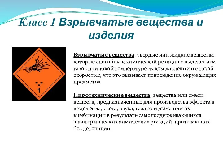 Класс 1 Взрывчатые вещества и изделия Взрывчатые вещества: твердые или жидкие