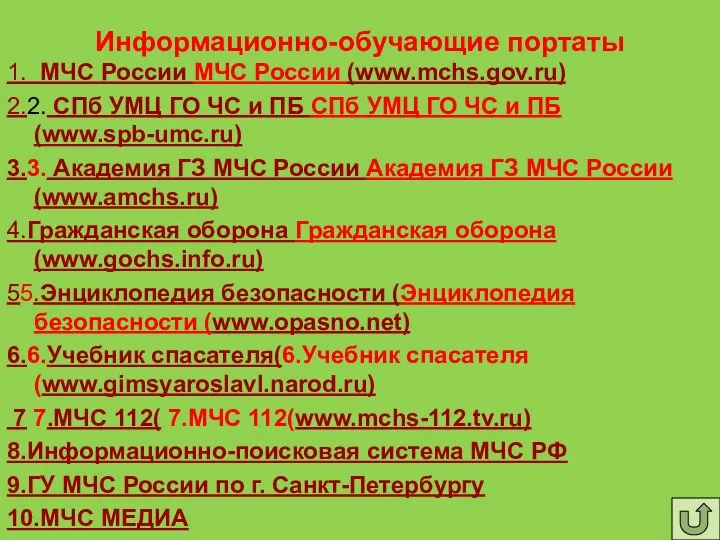 Информационно-обучающие портаты 1. МЧС России МЧС России (www.mchs.gov.ru) 2.2. СПб УМЦ