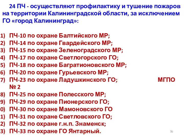 24 ПЧ - осуществляют профилактику и тушение пожаров на территории Калининградской