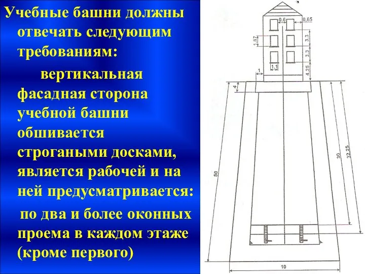 Учебные башни должны отвечать следующим требованиям: вертикальная фасадная сторона учебной башни