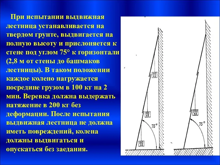 При испытании выдвижная лестница устанавливается на твердом грунте, выдвигается на полную