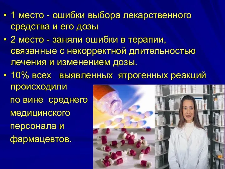 1 место - ошибки выбора лекарственного средства и его дозы 2