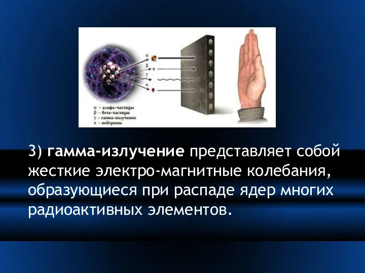 3) гамма-излучение представляет собой жесткие электро-магнитные колебания, образующиеся при распаде ядер многих радиоактивных элементов.