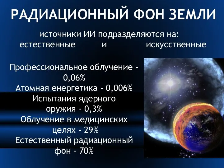 РАДИАЦИОННЫЙ ФОН ЗЕМЛИ источники ИИ подразделяются на: естественные и искусственные Профессиональное