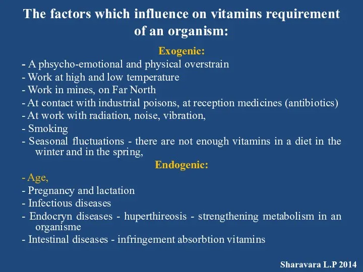 The factors which influence on vitamins requirement of an organism: Exogenic: