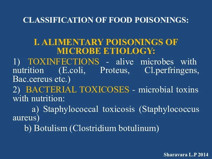 CLASSIFICATION OF FOOD POISONINGS: I. ALIMENTARY POISONINGS OF MICROBE ETIOLOGY: 1)