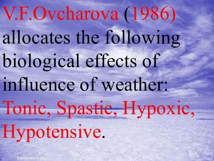 V.F.Ovcharova (1986) allocates the following biological effects of influence of weather: