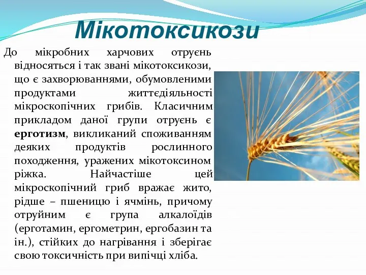 Мікотоксикози До мікробних харчових отруєнь відносяться і так звані мікотоксикози, що