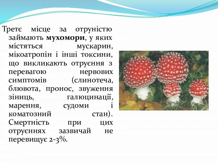 Третє місце за отруністю займають мухомори, у яких містяться мускарин, мікоатропін