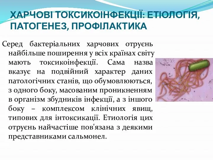 ХАРЧОВІ ТОКСИКОІНФЕКЦІЇ: ЕТІОЛОГІЯ, ПАТОГЕНЕЗ, ПРОФІЛАКТИКА Серед бактеріальних харчових отруєнь найбільше поширення