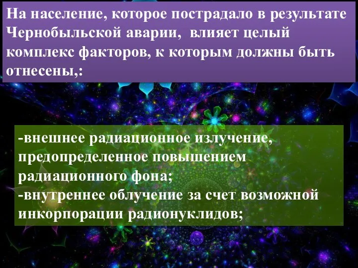 -внешнее радиационное излучение, предопределенное повышением радиационного фона; -внутреннее облучение за счет