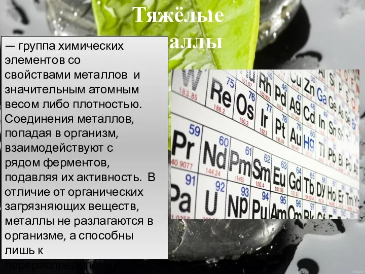 Тяжёлые металлы — группа химических элементов со свойствами металлов и значительным