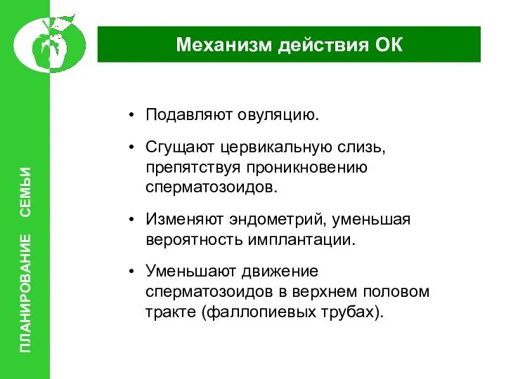 Механизм действия ОК Подавляют овуляцию. Сгущают цервикальную слизь, препятствуя проникновению сперматозоидов.