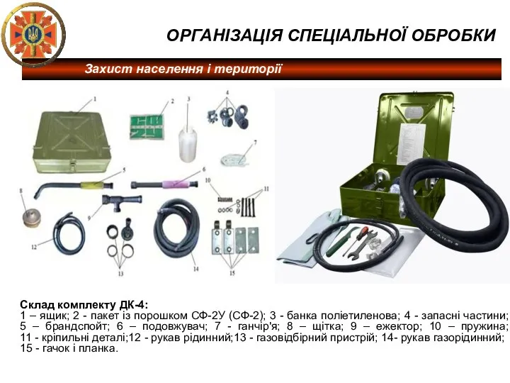 ОРГАНІЗАЦІЯ СПЕЦІАЛЬНОЇ ОБРОБКИ Склад комплекту ДК-4: 1 – ящик; 2 -