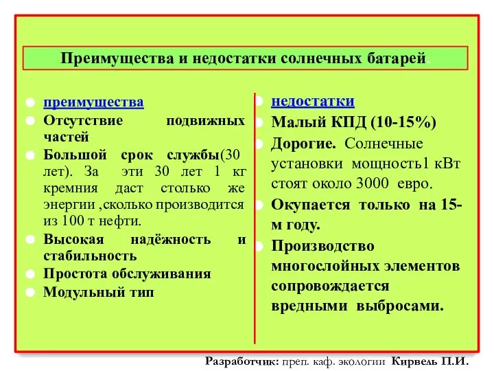 Преимущества и недостатки солнечных батарей. преимущества Отсутствие подвижных частей Большой срок