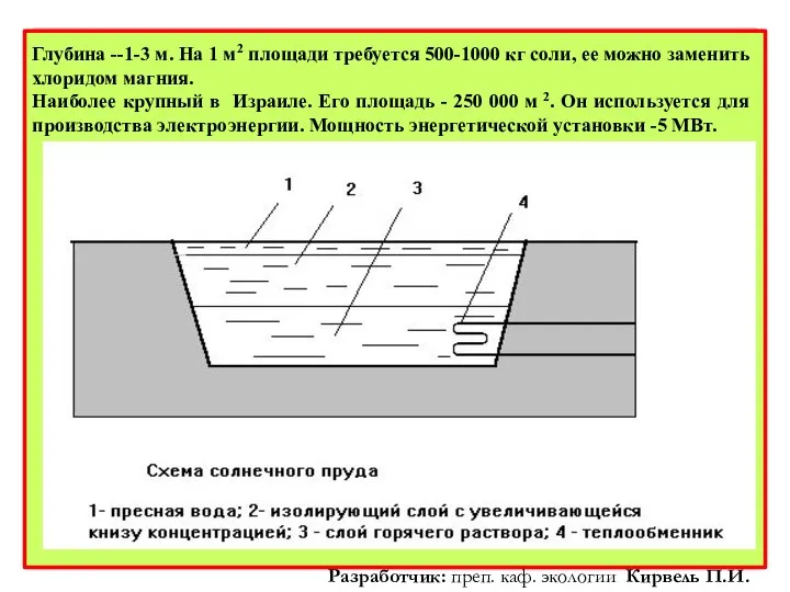 Глубина --1-3 м. На 1 м2 площади требуется 500-1000 кг соли,