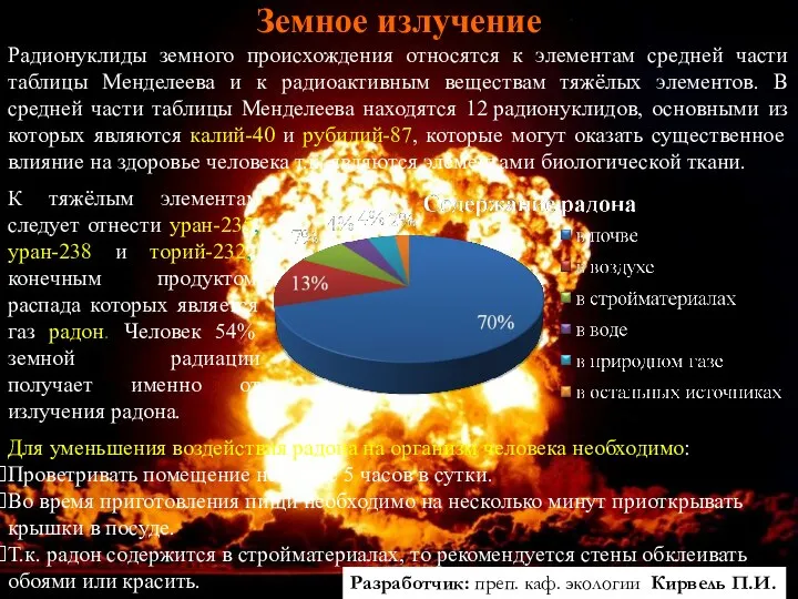 Земное излучение Радионуклиды земного происхождения относятся к элементам средней части таблицы