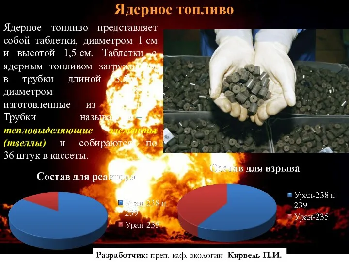 Ядерное топливо Ядерное топливо представляет собой таблетки, диаметром 1 см и