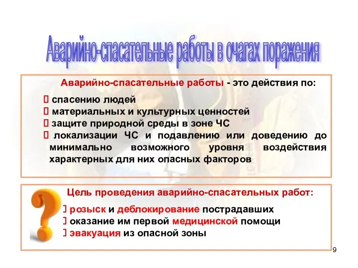 Аварийно-спасательные работы в очагах поражения Аварийно-спасательные работы - это действия по: