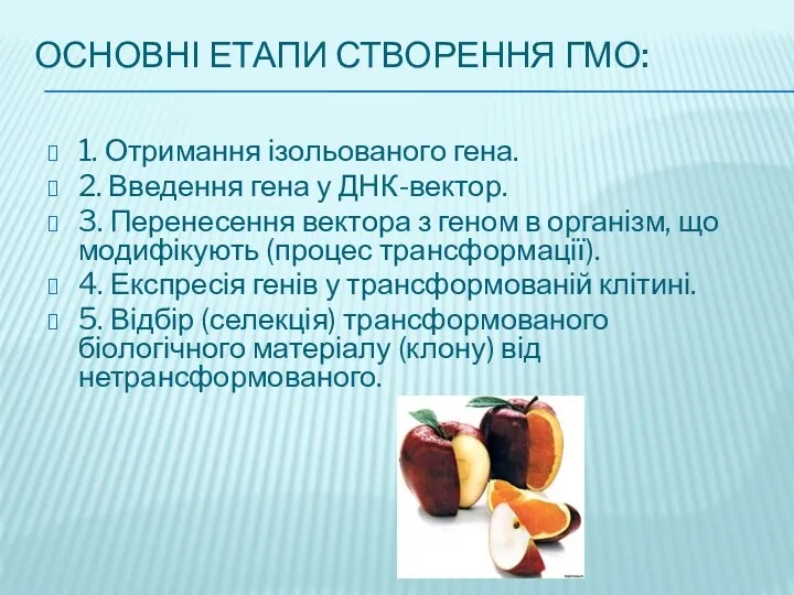 ОСНОВНІ ЕТАПИ СТВОРЕННЯ ГМО: 1. Отримання ізольованого гена. 2. Введення гена