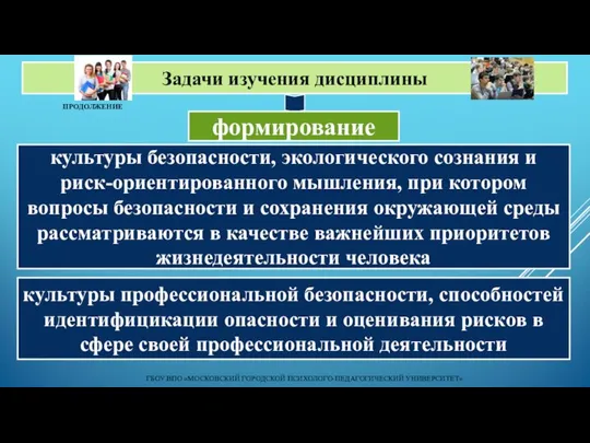 Задачи изучения дисциплины ГБОУ ВПО «МОСКОВСКИЙ ГОРОДСКОЙ ПСИХОЛОГО-ПЕДАГОГИЧЕСКИЙ УНИВЕРСИТЕТ» культуры безопасности,