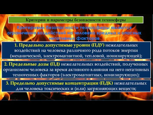 Критерии и параметры безопасности техносферы Критериями безопасности техносферы являются ограничения воздействий