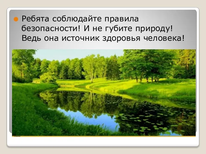 Ребята соблюдайте правила безопасности! И не губите природу! Ведь она источник здоровья человека!