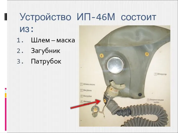 Устройство ИП-46М состоит из: Шлем – маска Загубник Патрубок