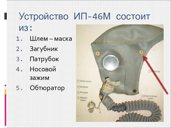 Устройство ИП-46М состоит из: Шлем – маска Загубник Патрубок Носовой зажим Обтюратор