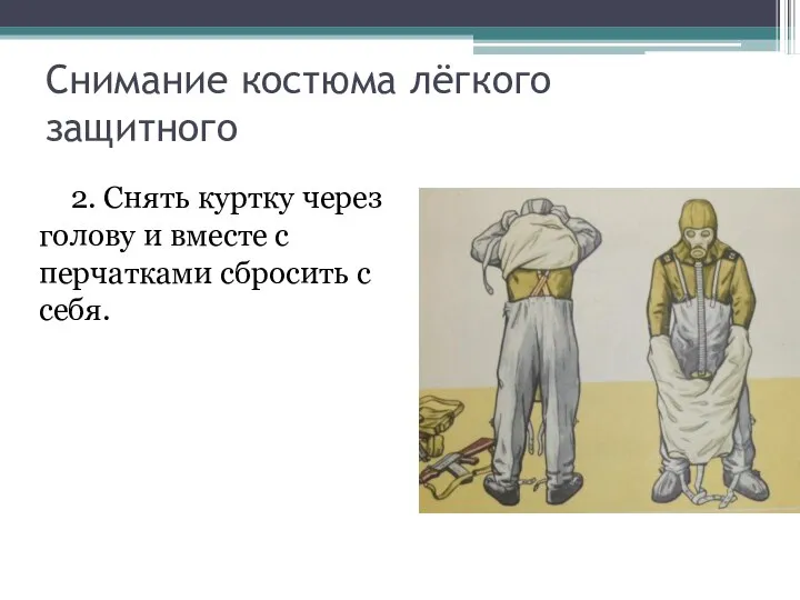 2. Снять куртку через голову и вместе с перчатками сбросить с себя. Снимание костюма лёгкого защитного