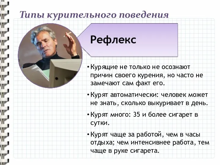 Типы курительного поведения Курящие не только не осознают причин своего курения,