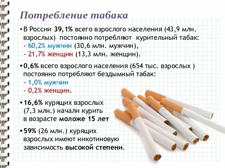 Потребление табака В России 39,1% всего взрослого населения (43,9 млн. взрослых)