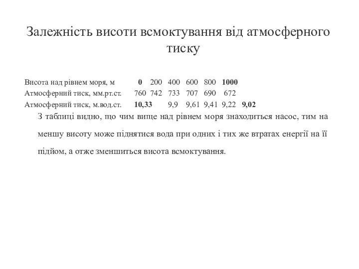 Залежність висоти всмоктування від атмосферного тиску Висота над рівнем моря, м