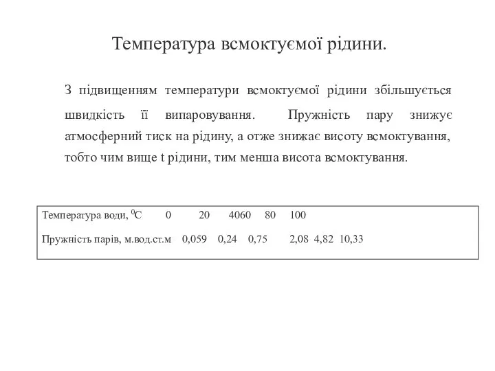 Температура всмоктуємої рідини. З підвищенням температури всмоктуємої рідини збільшується швидкість її