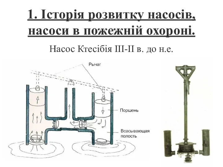 1. Історія розвитку насосів, насоси в пожежній охороні. Насос Ктесібія ІІІ-ІІ в. до н.е.