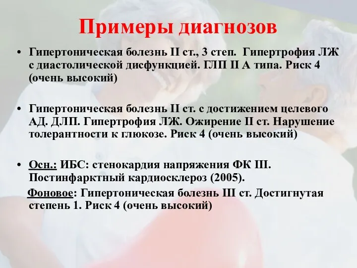 Примеры диагнозов Гипертоническая болезнь II ст., 3 степ. Гипертрофия ЛЖ с