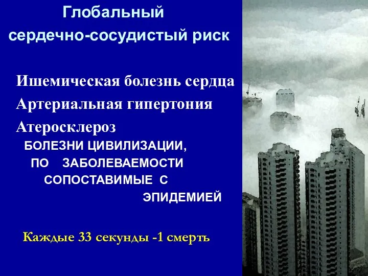 Глобальный сердечно-сосудистый риск Ишемическая болезнь сердца Артериальная гипертония Атеросклероз БОЛЕЗНИ ЦИВИЛИЗАЦИИ,