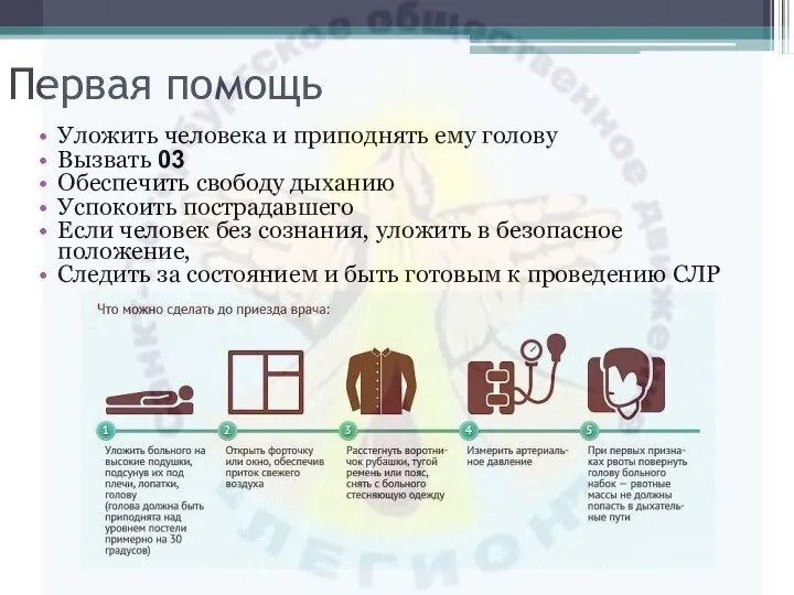 Первая помощь Уложить человека и приподнять ему голову Вызвать 03 Обеспечить