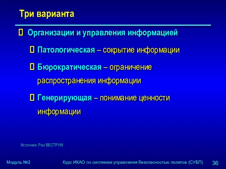 Три варианта Организации и управления информацией Патологическая – сокрытие информации Бюрократическая