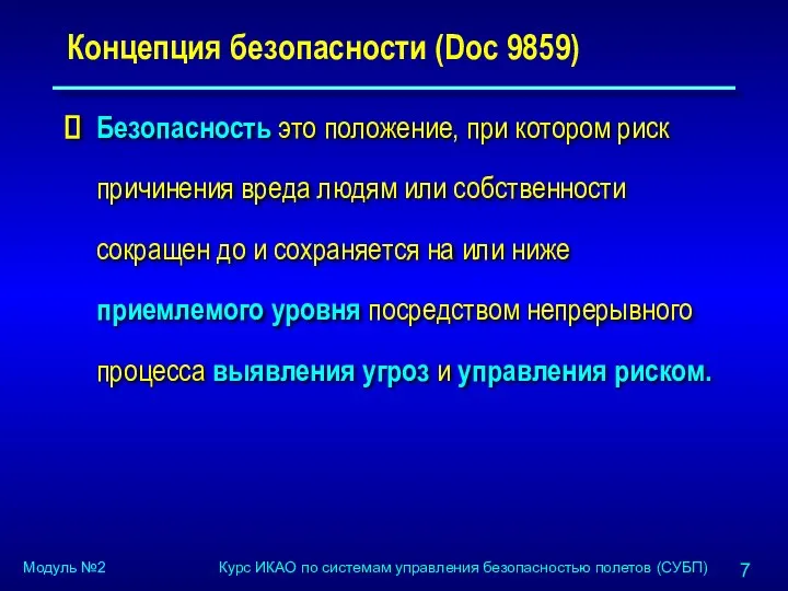 Концепция безопасности (Doc 9859) Безопасность это положение, при котором риск причинения