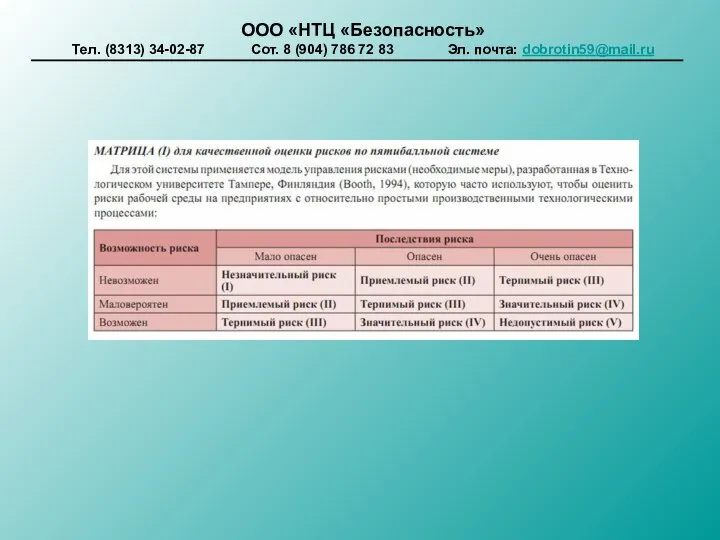 ООО «НТЦ «Безопасность» Тел. (8313) 34-02-87 Сот. 8 (904) 786 72 83 Эл. почта: dobrotin59@mail.ru