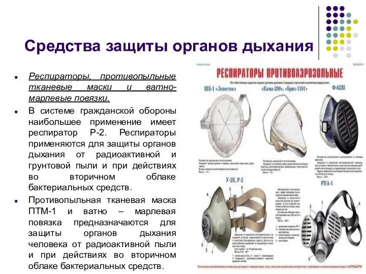 Средства защиты органов дыхания Респираторы, противопыльные тканевые маски и ватно-марлевые повязки.