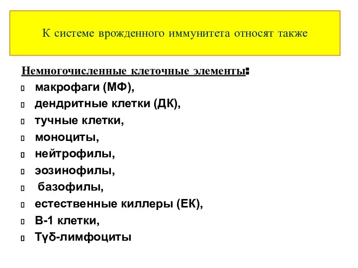 К системе врожденного иммунитета относят также Немногочисленные клеточные элементы: макрофаги (МФ),