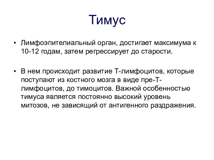 Тимус Лимфоэпителиальный орган, достигает максимума к 10-12 годам, затем регрессирует до