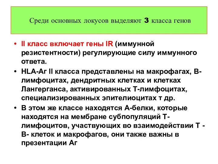 II класс включает гены IR (иммунной резистентности) регулирующие силу иммунного ответа.