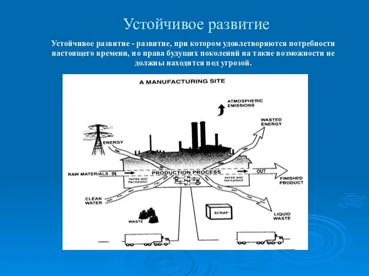 Устойчивое развитие Устойчивое развитие - развитие, при котором удовлетворяются потребности настоящего