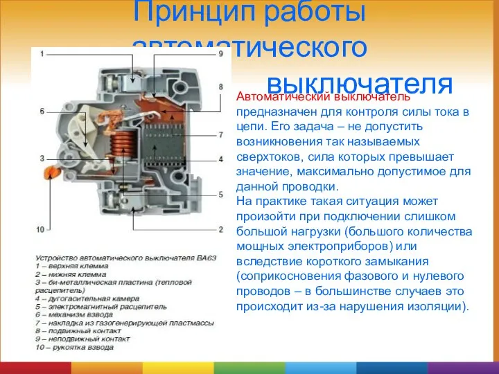 Принцип работы автоматического выключателя Автоматический выключатель предназначен для контроля силы тока