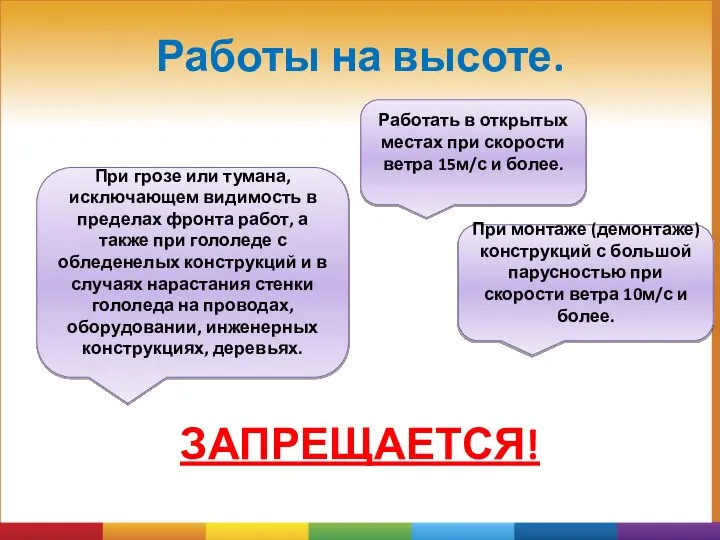 Работы на высоте. ЗАПРЕЩАЕТСЯ! Работать в открытых местах при скорости ветра