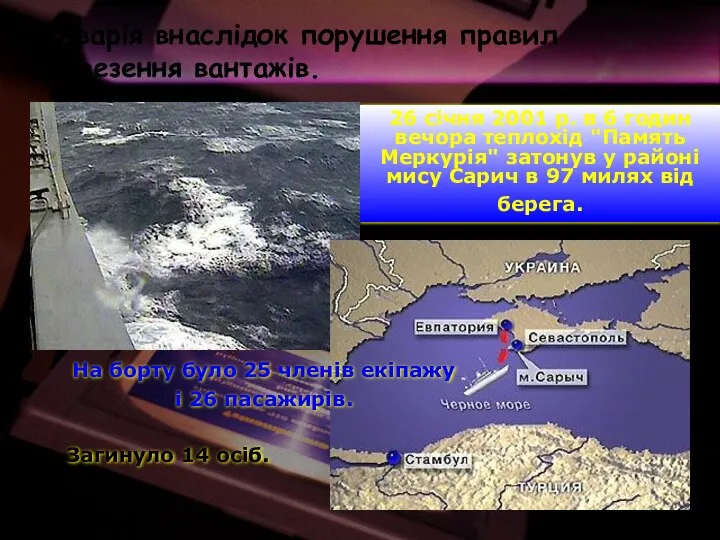 26 січня 2001 р. в 6 годин вечора теплохід "Память Меркурія"