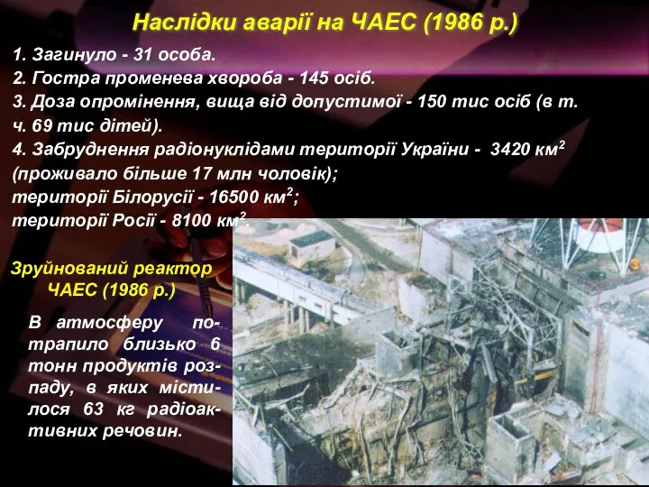 Наслідки аварії на ЧАЕС (1986 р.) 1. Загинуло - 31 особа.